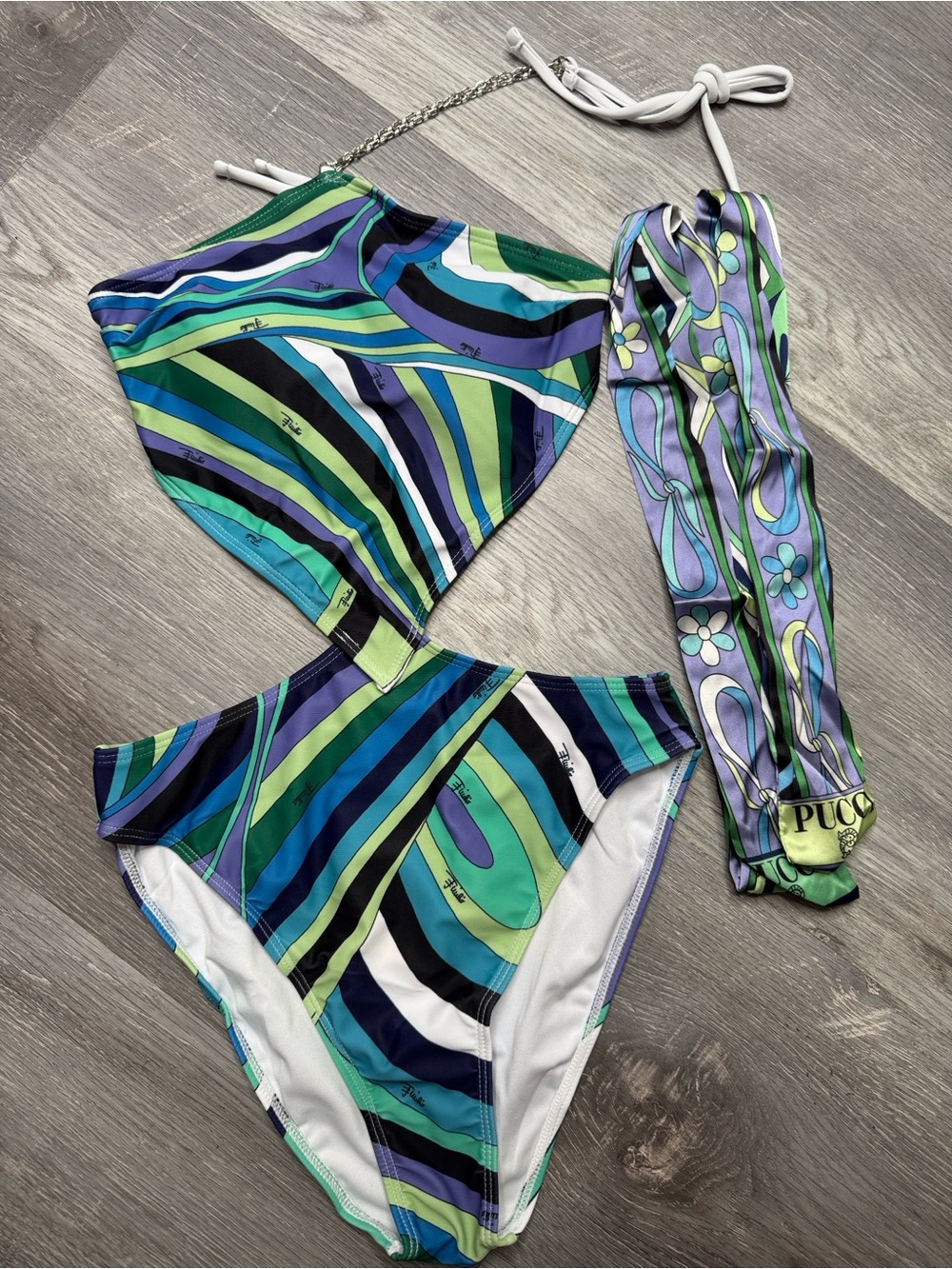 Emilio Pucci Blue, Green & Purple Psychedelic Two-Piece Swimsuit with Head Scarf